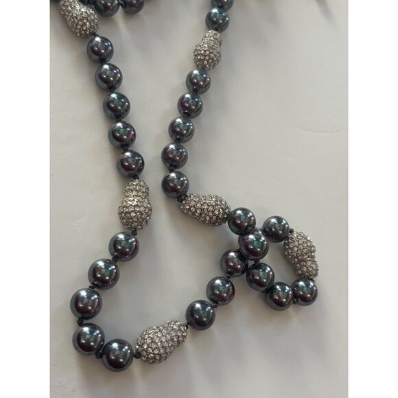 Black Pearl & Rhinestone Long Beaded Necklace 40" Hand-Knotted Elegant Jewelry - Picture 5 of 9